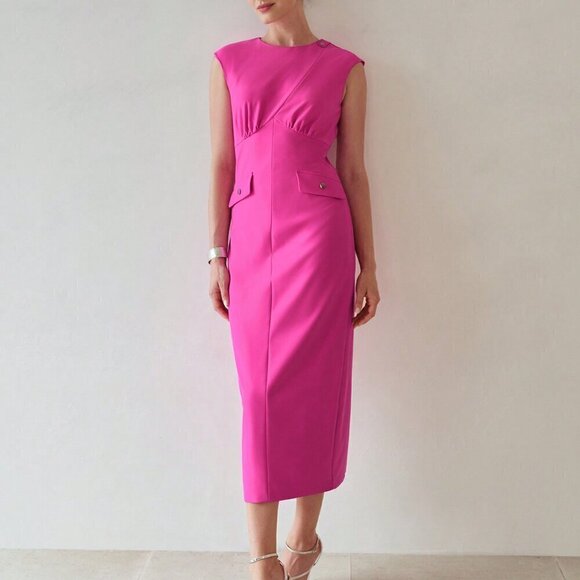 Hot Pink Elegant Women's Flap Detail Split Hem Cap Sleeve Dress - Picture 3 of 7